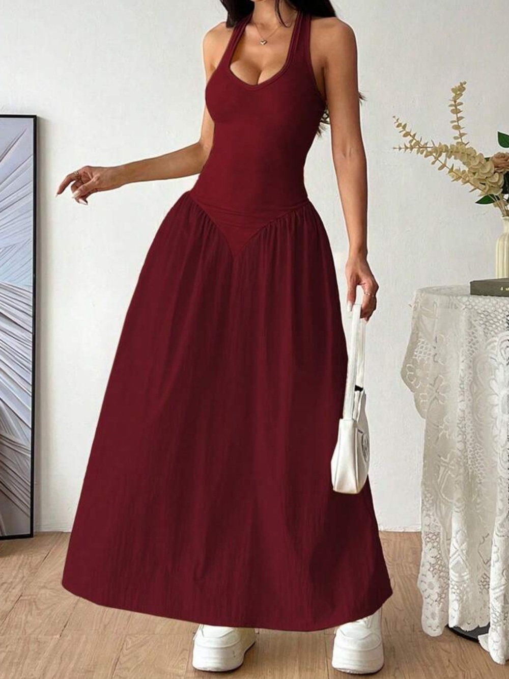 Sleeveless Scoop Neck Maxi Dress in Deep Wine
